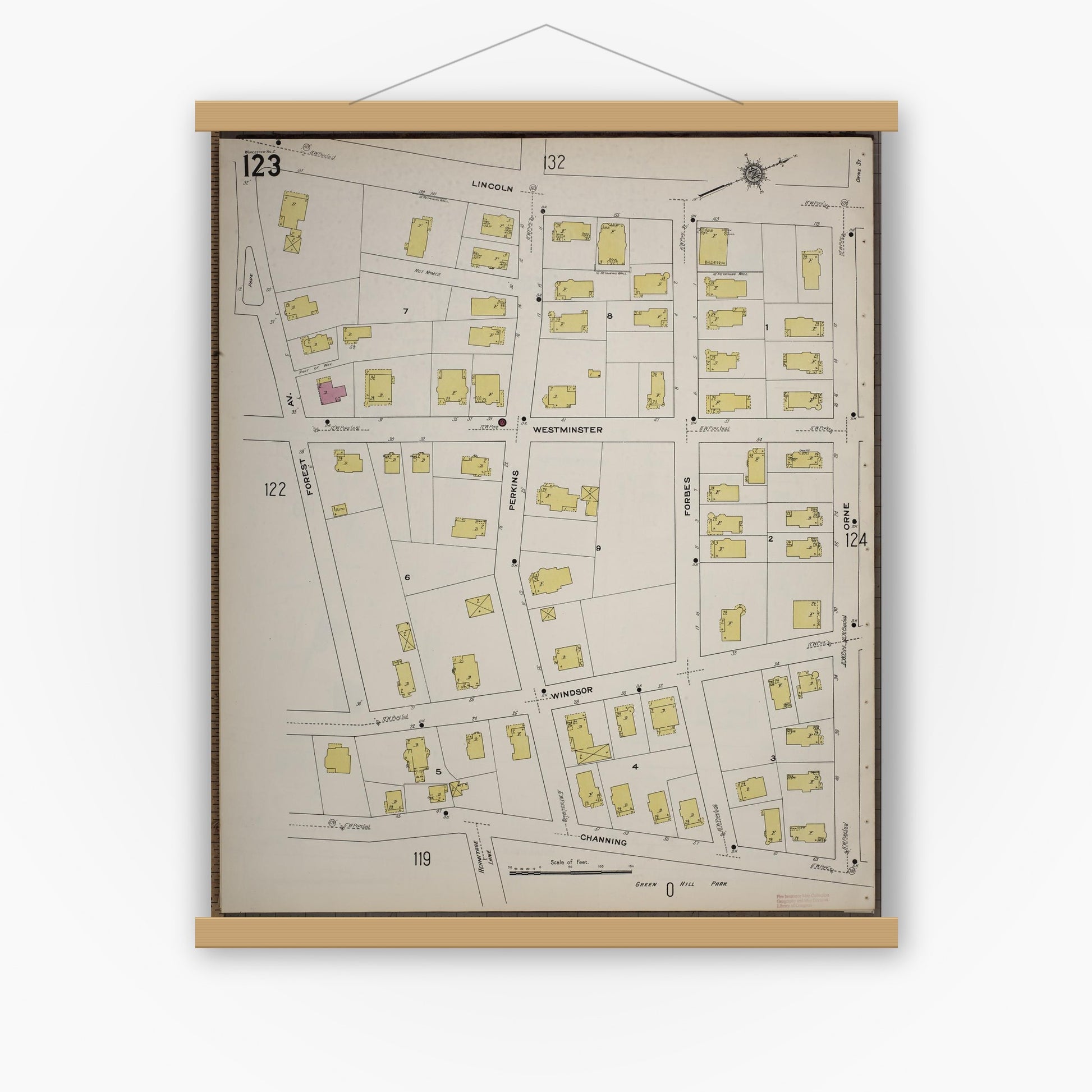 Old map wall art mockup — magnetic wood frame on white wall — Sanborn Fire Insurance Map from Worcester, Worcester County, Massachusetts (1910), Sheet #0123