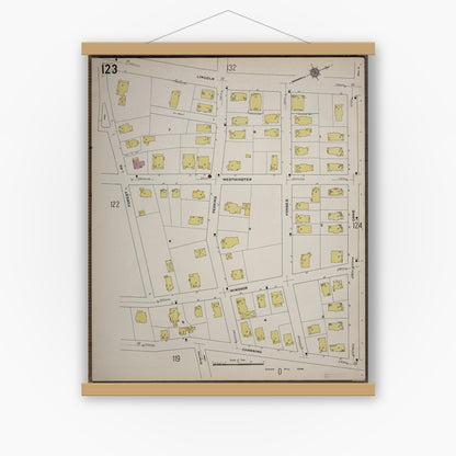 Old map wall art mockup — magnetic wood frame on white wall — Sanborn Fire Insurance Map from Worcester, Worcester County, Massachusetts (1910), Sheet #0123