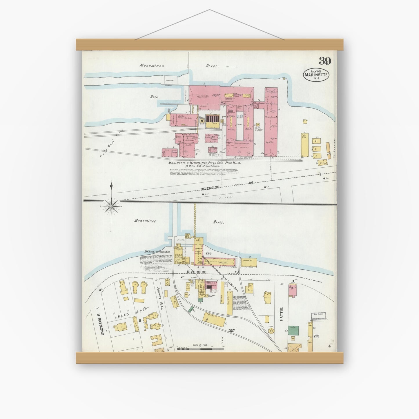 Old map wall art mockup — magnetic wood frame on white wall — Sanborn Fire Insurance Map from Marinette, Marinette County, Wisconsin (1901), Sheet #0039