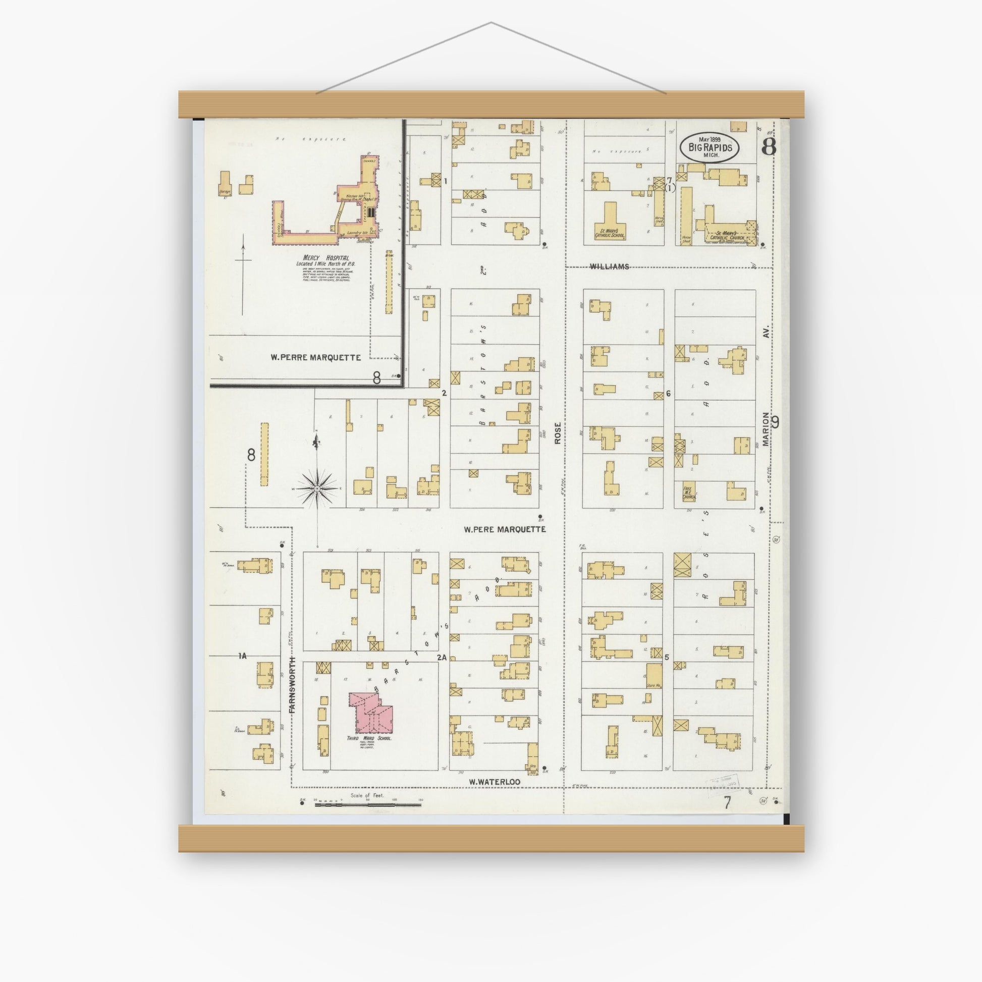 Old map wall art mockup — magnetic wood frame on white wall — Sanborn Fire Insurance Map from Big Rapids, Mecosta County, Michigan (1899), Sheet #0008