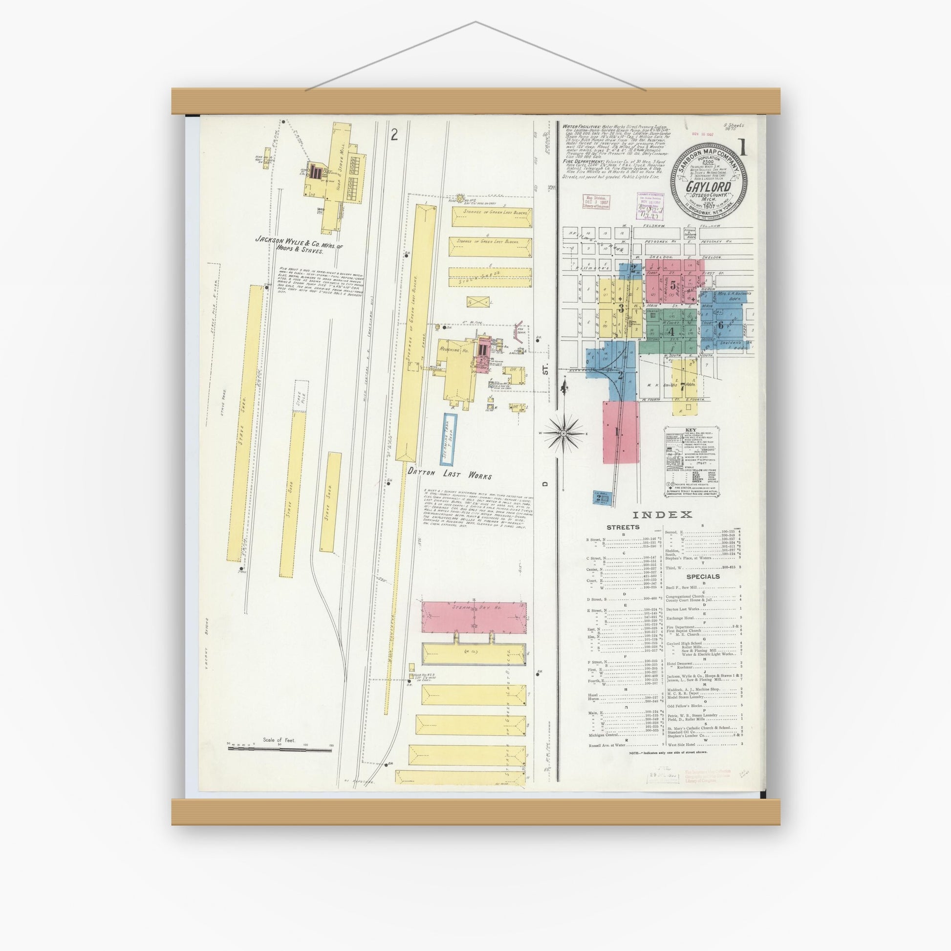 Old map wall art mockup — magnetic wood frame on white wall — Sanborn Fire Insurance Map from Gaylord, Otsego County, Michigan (1907) - Complete Map Set