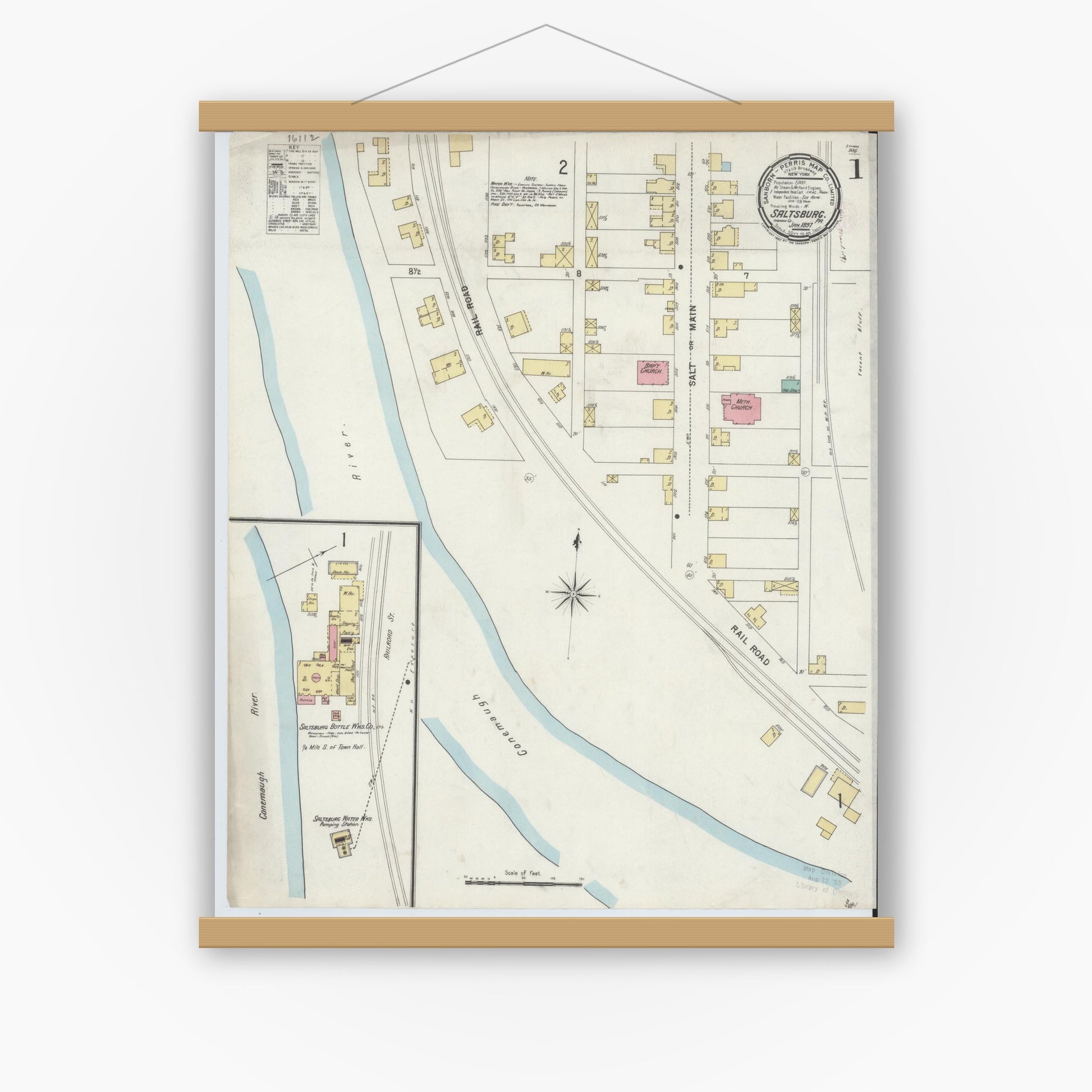 Old map wall art mockup — magnetic wood frame on white wall — Sanborn Fire Insurance Map from Saltsburg, Indiana County, Pennsylvania (1897) - Complete Map Set
