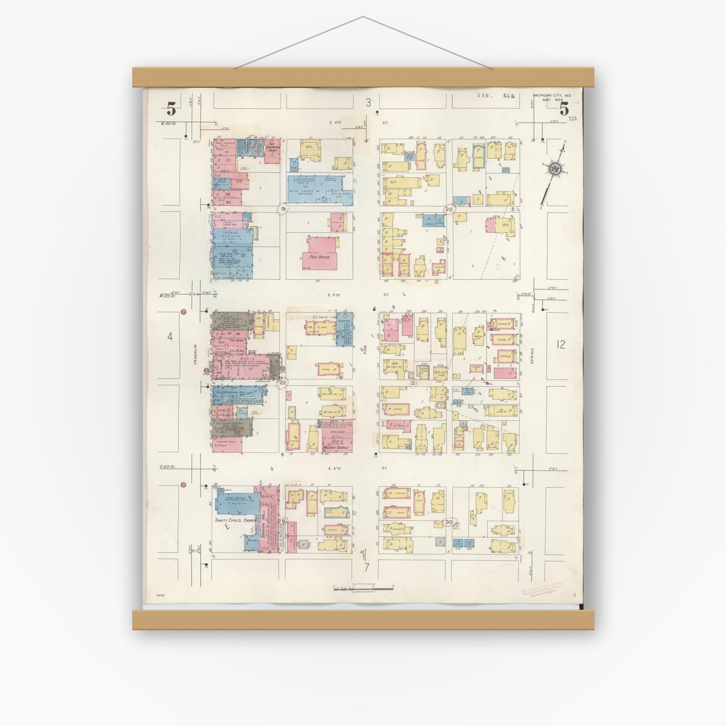 Old map wall art mockup — magnetic wood frame on white wall — Sanborn Fire Insurance Map from Michigan City, La Porte County, Indiana (1948), Sheet #0005