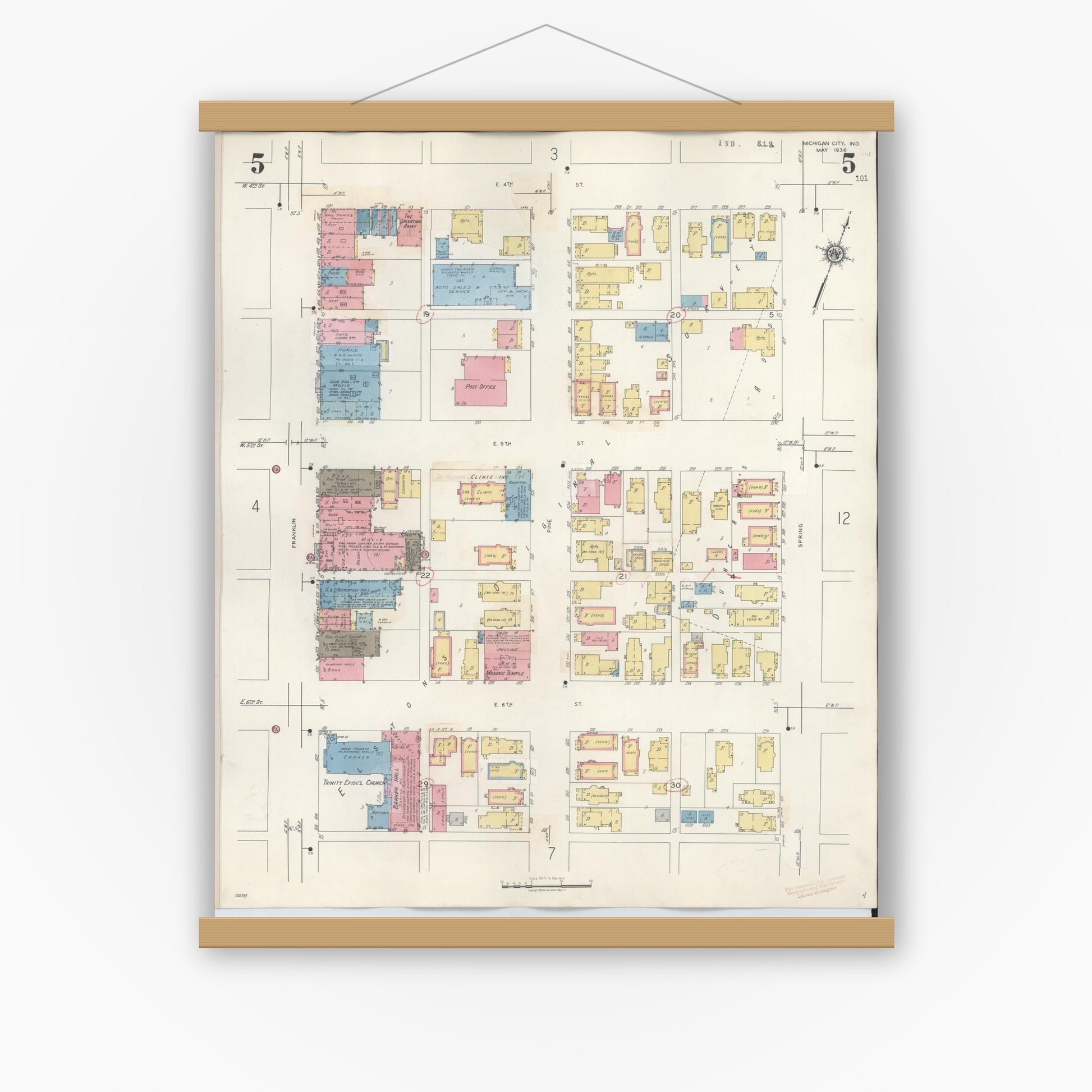 Old map wall art mockup — magnetic wood frame on white wall — Sanborn Fire Insurance Map from Michigan City, La Porte County, Indiana (1948), Sheet #0005
