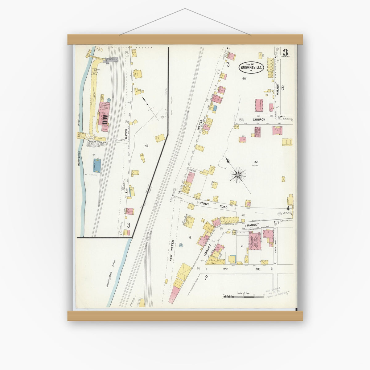 Old map wall art mockup — magnetic wood frame on white wall — Sanborn Fire Insurance Map from Brownsville, Fayette County, Pennsylvania (1907), Sheet #0003