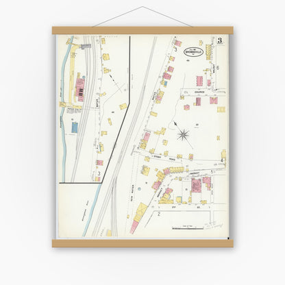 Old map wall art mockup — magnetic wood frame on white wall — Sanborn Fire Insurance Map from Brownsville, Fayette County, Pennsylvania (1907), Sheet #0003
