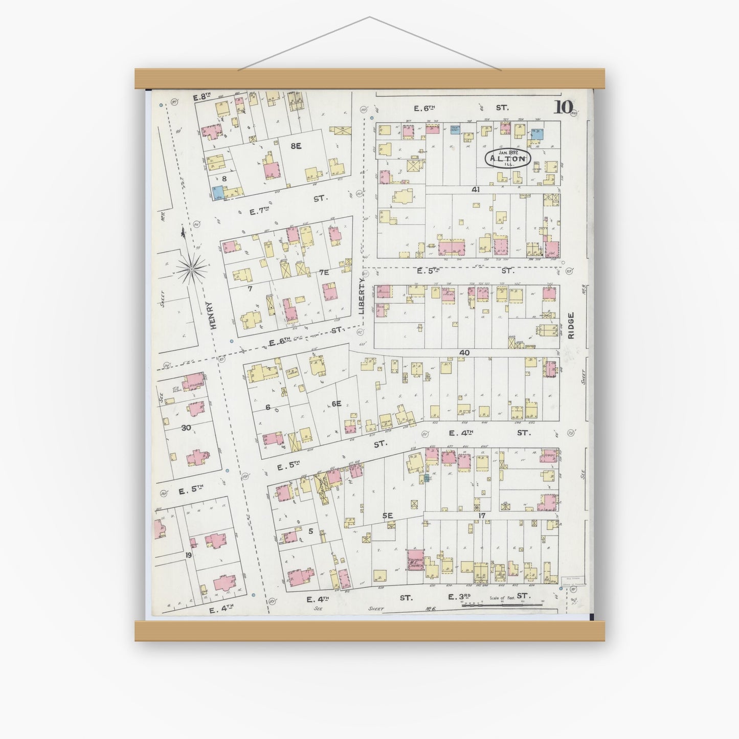 Old map wall art mockup — magnetic wood frame on white wall — Sanborn Fire Insurance Map from Alton, Madison County, Illinois (1892), Sheet #0010