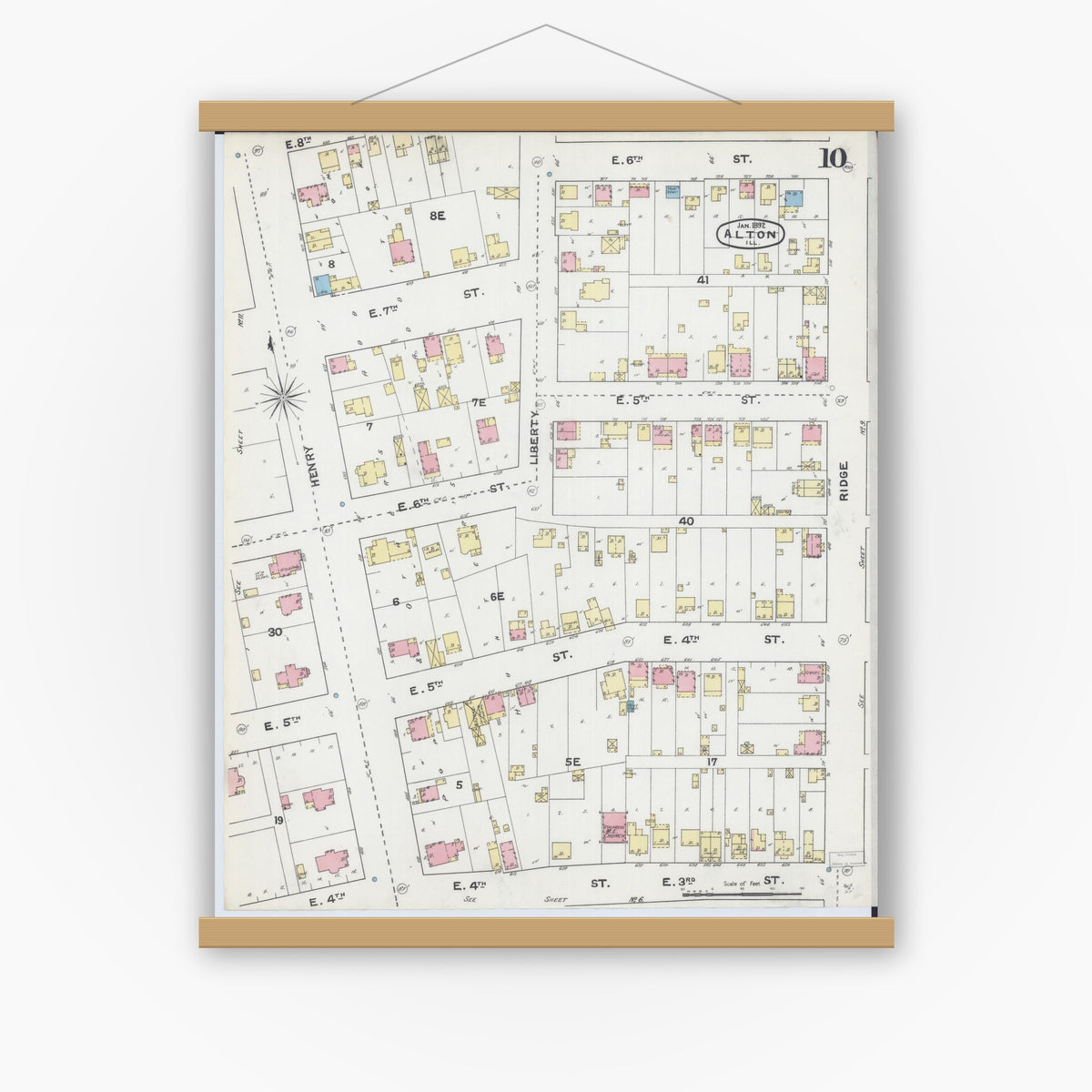 Old map wall art mockup — magnetic wood frame on white wall — Sanborn Fire Insurance Map from Alton, Madison County, Illinois (1892), Sheet #0010
