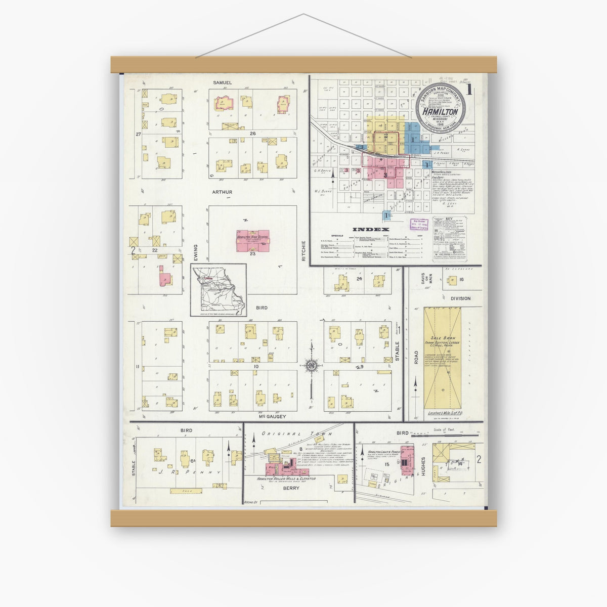Old map wall art mockup — magnetic wood frame on white wall — Sanborn Fire Insurance Map from Hamilton, Caldwell County, Missouri (1916) - Complete Map Set