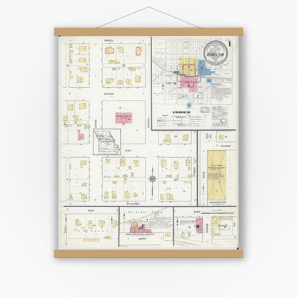 Old map wall art mockup — magnetic wood frame on white wall — Sanborn Fire Insurance Map from Hamilton, Caldwell County, Missouri (1916) - Complete Map Set