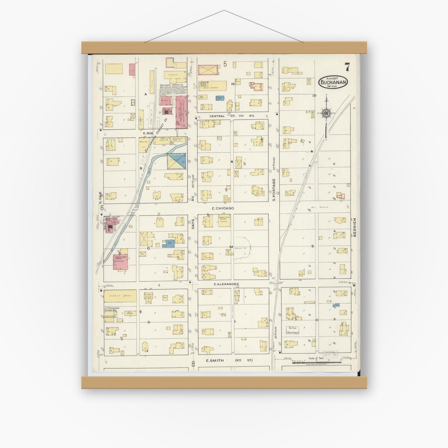Old map wall art mockup — magnetic wood frame on white wall — Sanborn Fire Insurance Map from Buchanan, Berrien County, Michigan (1917), Sheet #0007