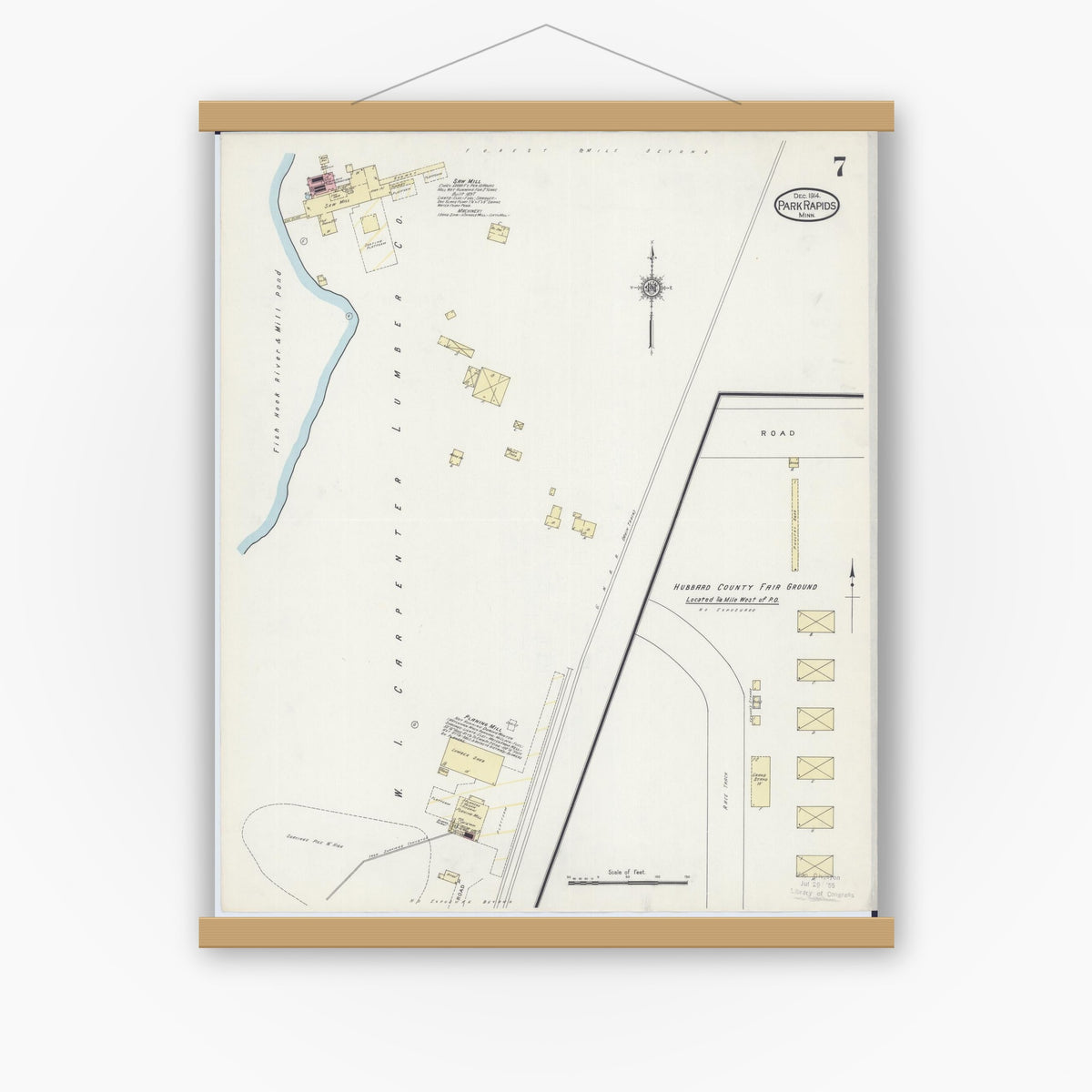 Old map wall art mockup — magnetic wood frame on white wall — Sanborn Fire Insurance Map from Park Rapids, Hubbard County, Minnesota (1914), Sheet #0007