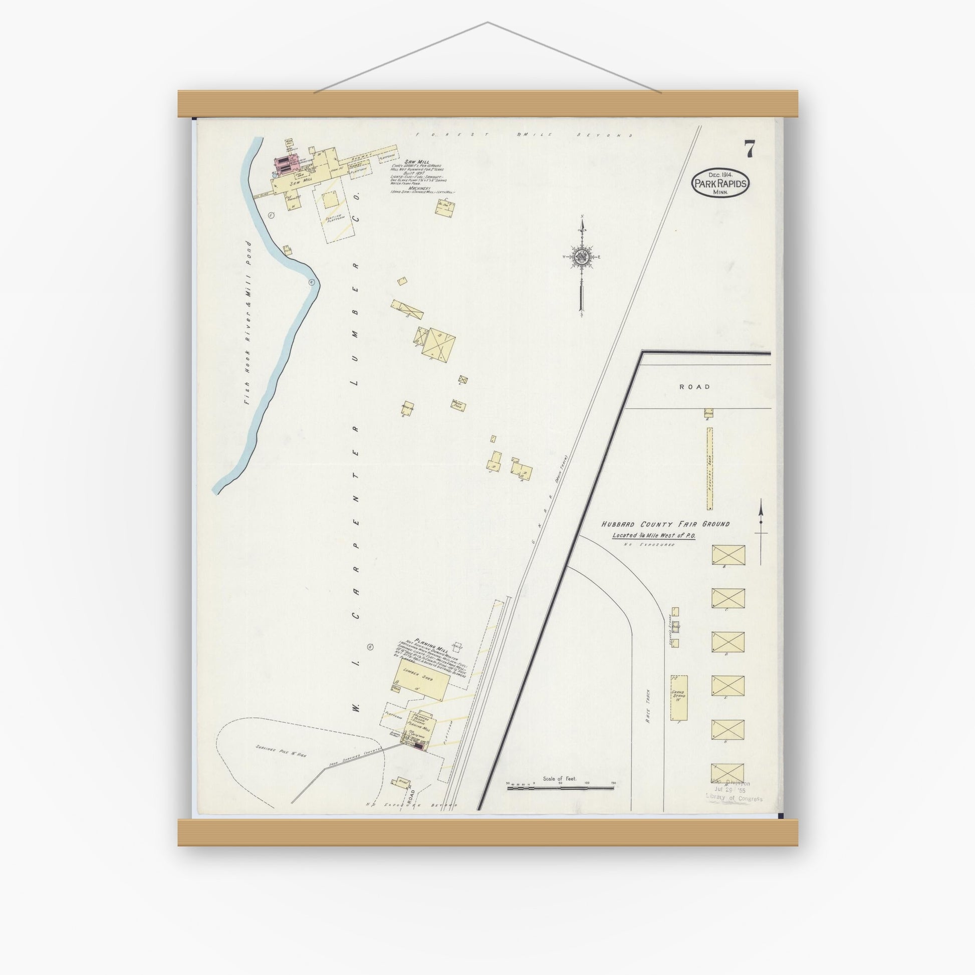 Old map wall art mockup — magnetic wood frame on white wall — Sanborn Fire Insurance Map from Park Rapids, Hubbard County, Minnesota (1914), Sheet #0007