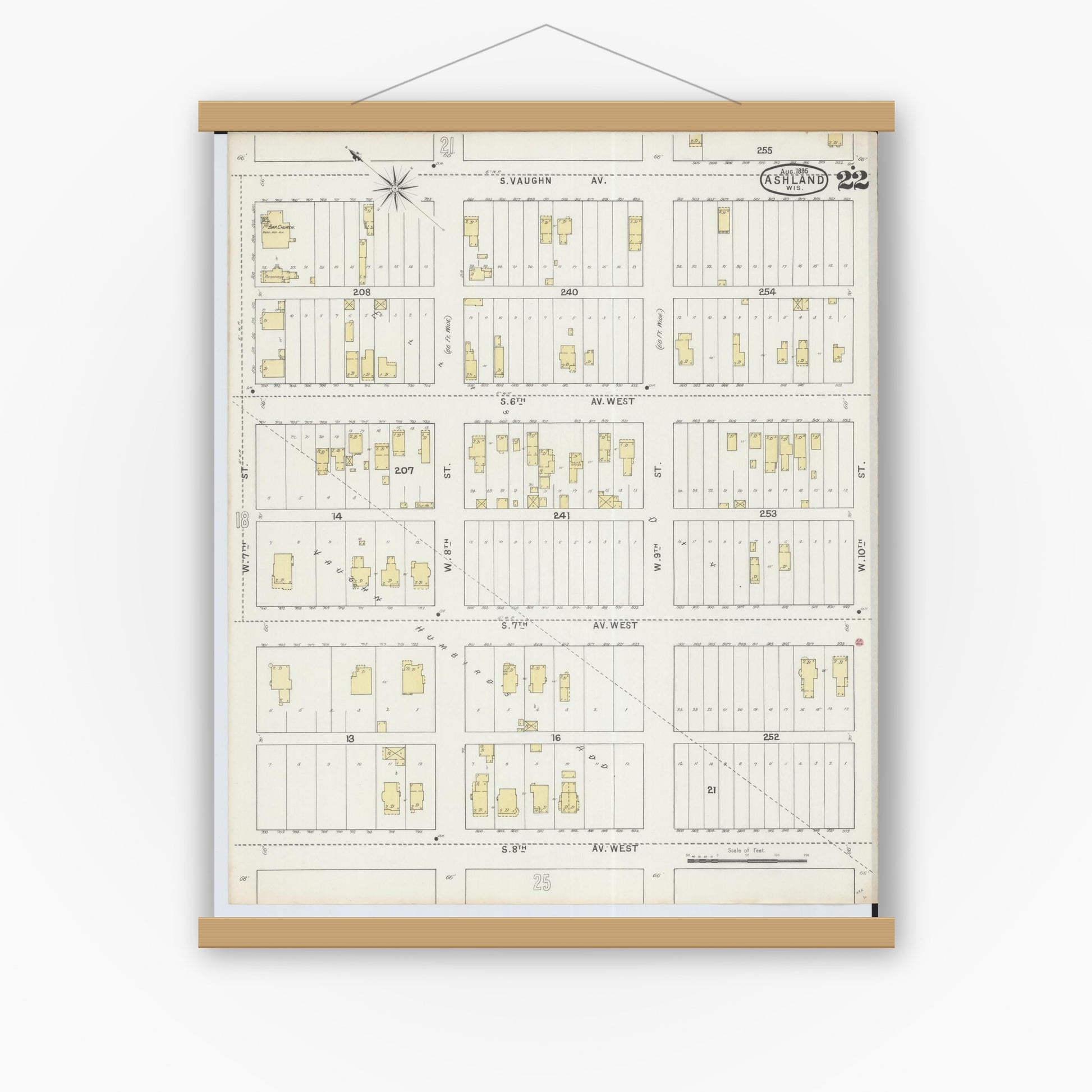 Old map wall art mockup — magnetic wood frame on white wall — Sanborn Fire Insurance Map from Ashland, Ashland County, Wisconsin (1895), Sheet #0022
