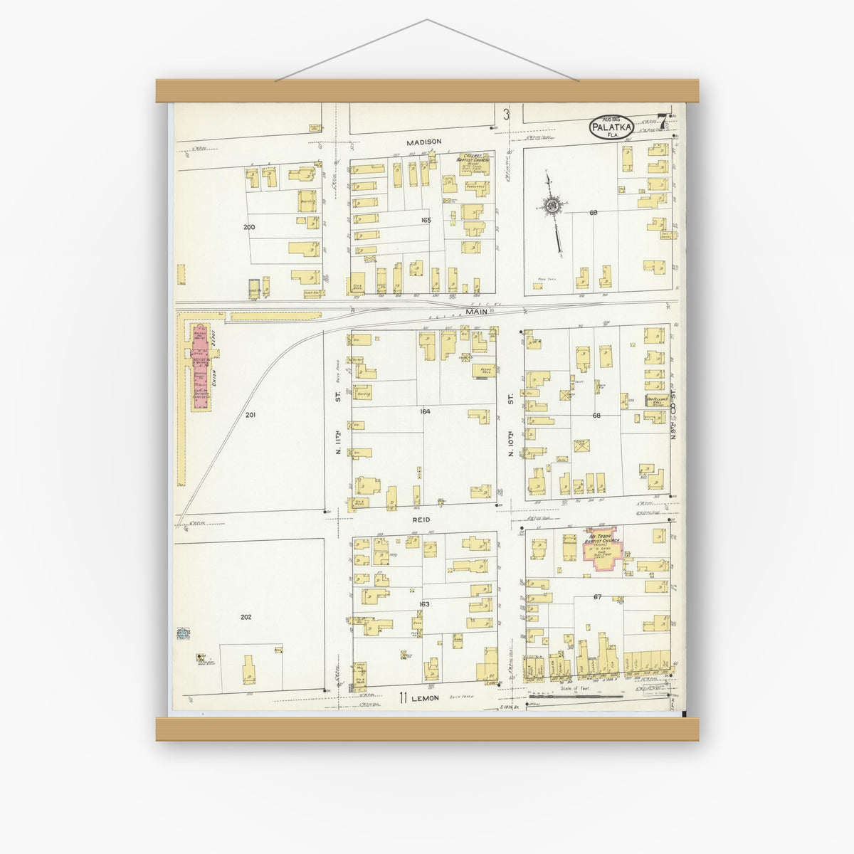 Old map wall art mockup — magnetic wood frame on white wall — Sanborn Fire Insurance Map from Palatka, Putnam County, Florida (1915), Sheet #0007