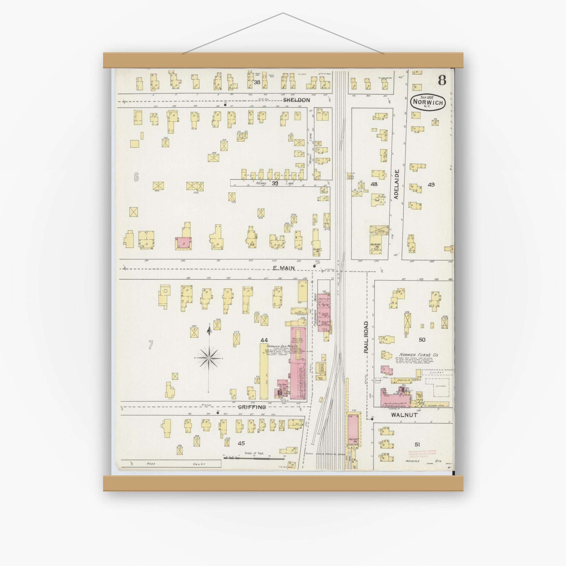 Old map wall art mockup — magnetic wood frame on white wall — Sanborn Fire Insurance Map from Norwich, Chenango County, New York (1892), Sheet #0008