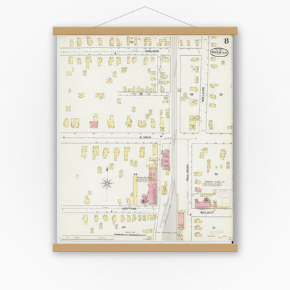Old map wall art mockup — magnetic wood frame on white wall — Sanborn Fire Insurance Map from Norwich, Chenango County, New York (1892), Sheet #0008