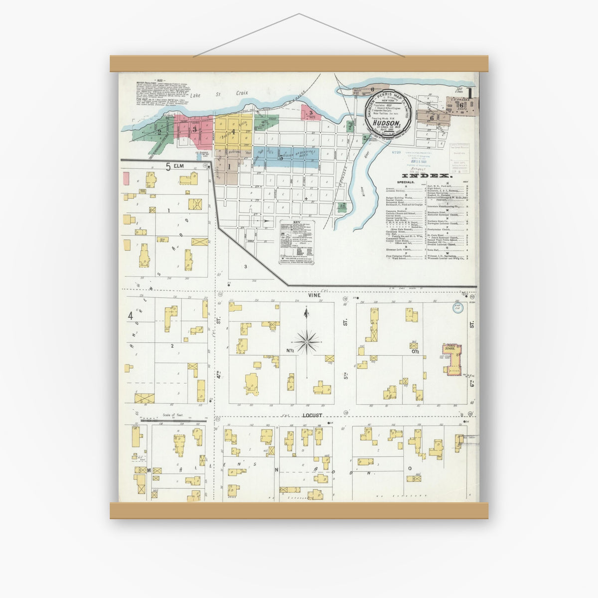 Old map wall art mockup — magnetic wood frame on white wall — Sanborn Fire Insurance Map from Hudson, St. Croix County, Wisconsin (1900), Sheet #0001
