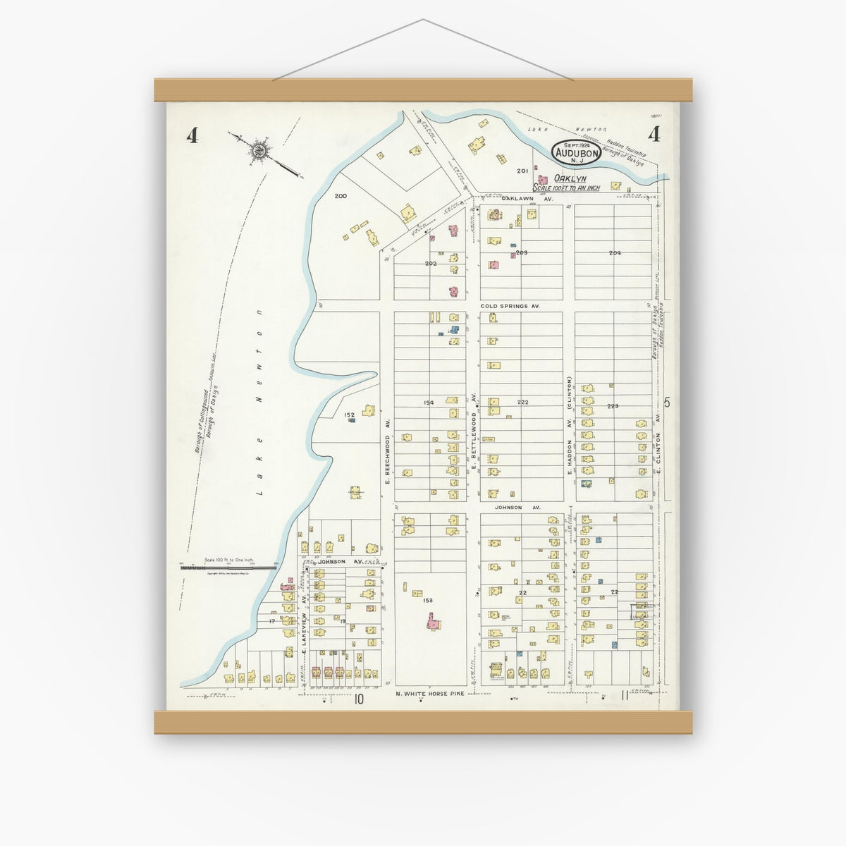 Old map wall art mockup — magnetic wood frame on white wall — Sanborn Fire Insurance Map from Audubon, Camden County, New Jersey (1924), Sheet #0004