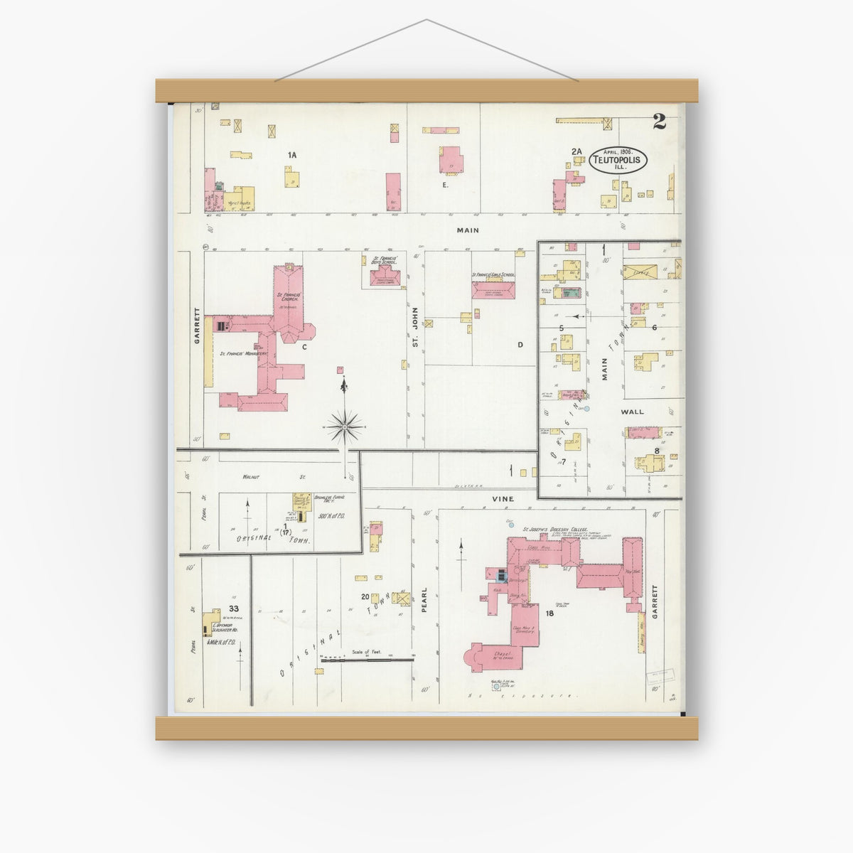 Old map wall art mockup — magnetic wood frame on white wall — Sanborn Fire Insurance Map from Teutopolis, Effingham County, Illinois (1906), Sheet #0002