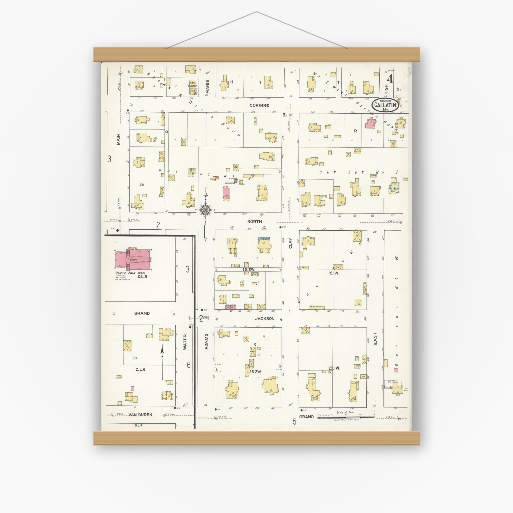 Old map wall art mockup — magnetic wood frame on white wall — Sanborn Fire Insurance Map from Gallatin, Daviess County, Missouri (1921), Sheet #0004