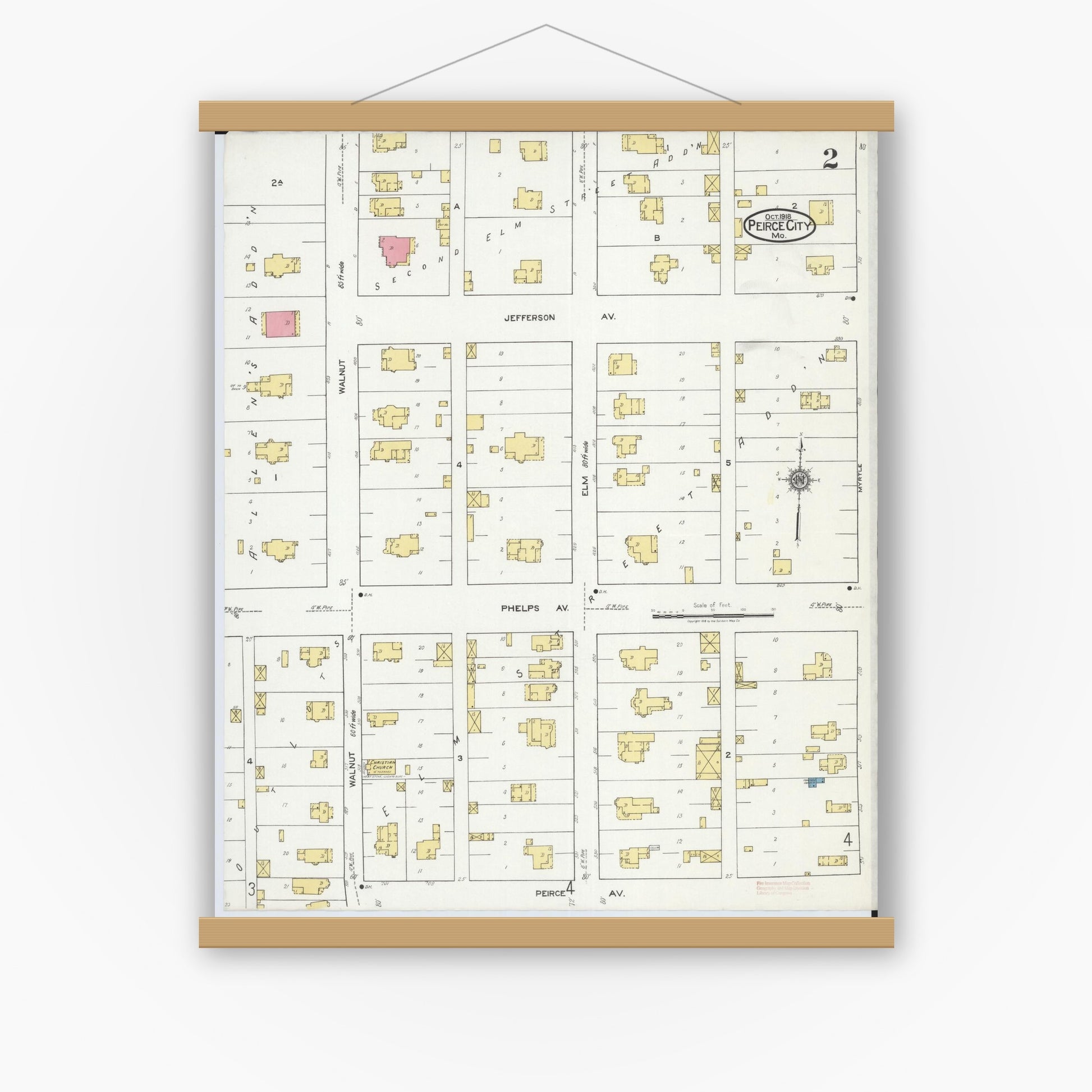 Old map wall art mockup — magnetic wood frame on white wall — Sanborn Fire Insurance Map from Pierce City, Lawrence County, Missouri (1918), Sheet #0002