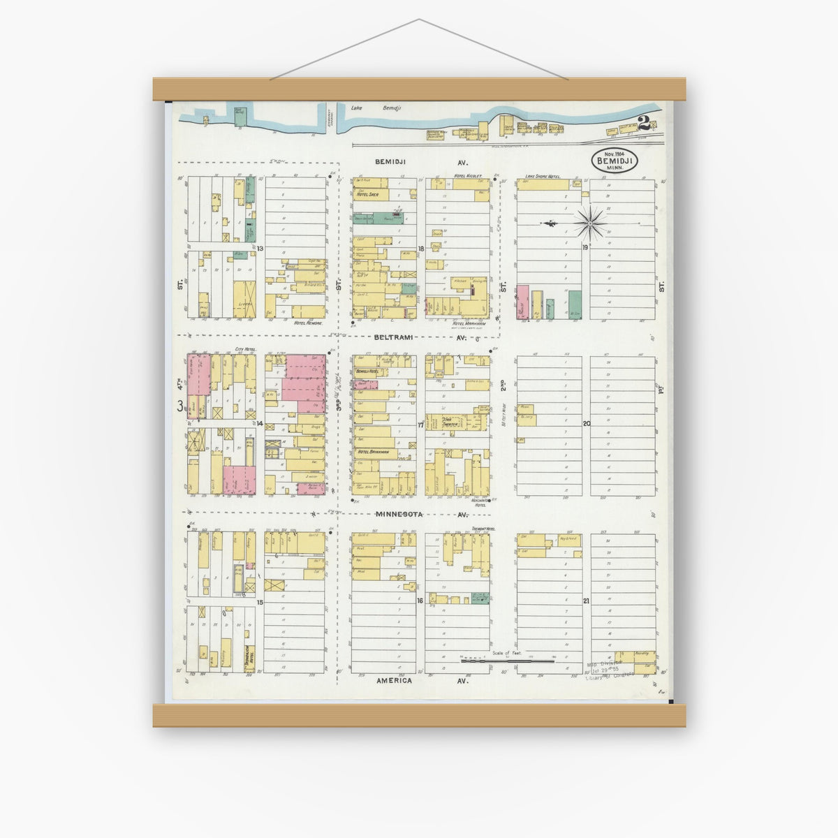 Old map wall art mockup — magnetic wood frame on white wall — Sanborn Fire Insurance Map from Bemidji, Beltrami County, Minnesota (1904), Sheet #0002