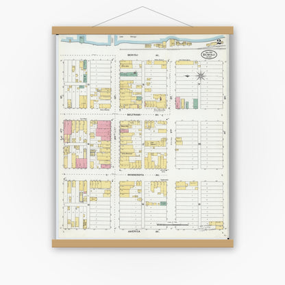 Old map wall art mockup — magnetic wood frame on white wall — Sanborn Fire Insurance Map from Bemidji, Beltrami County, Minnesota (1904), Sheet #0002