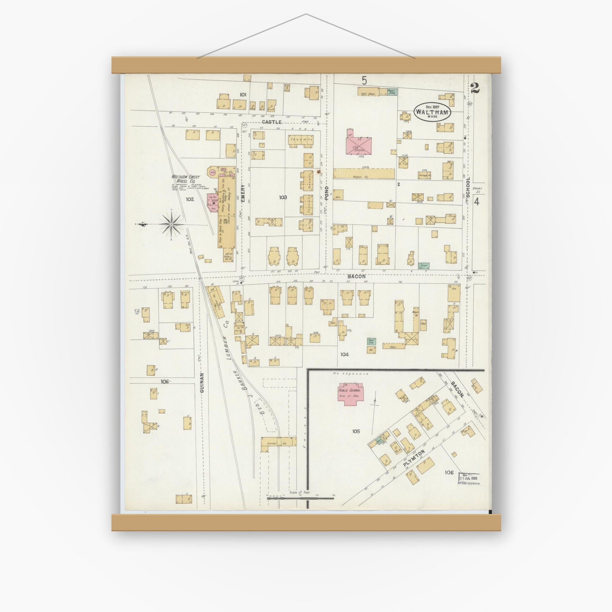 Old map wall art mockup — magnetic wood frame on white wall — Sanborn Fire Insurance Map from Waltham, Middlesex County, Massachusetts (1897), Sheet #0002