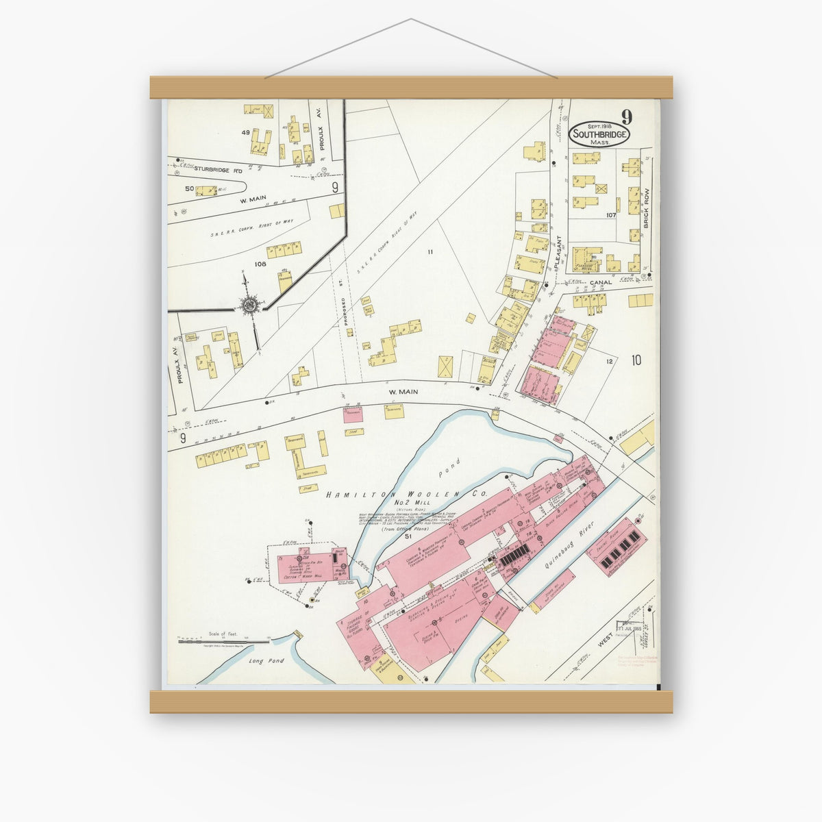 Old map wall art mockup — magnetic wood frame on white wall — Sanborn Fire Insurance Map from Southbridge, Worcester County, Massachusetts (1918), Sheet #0009