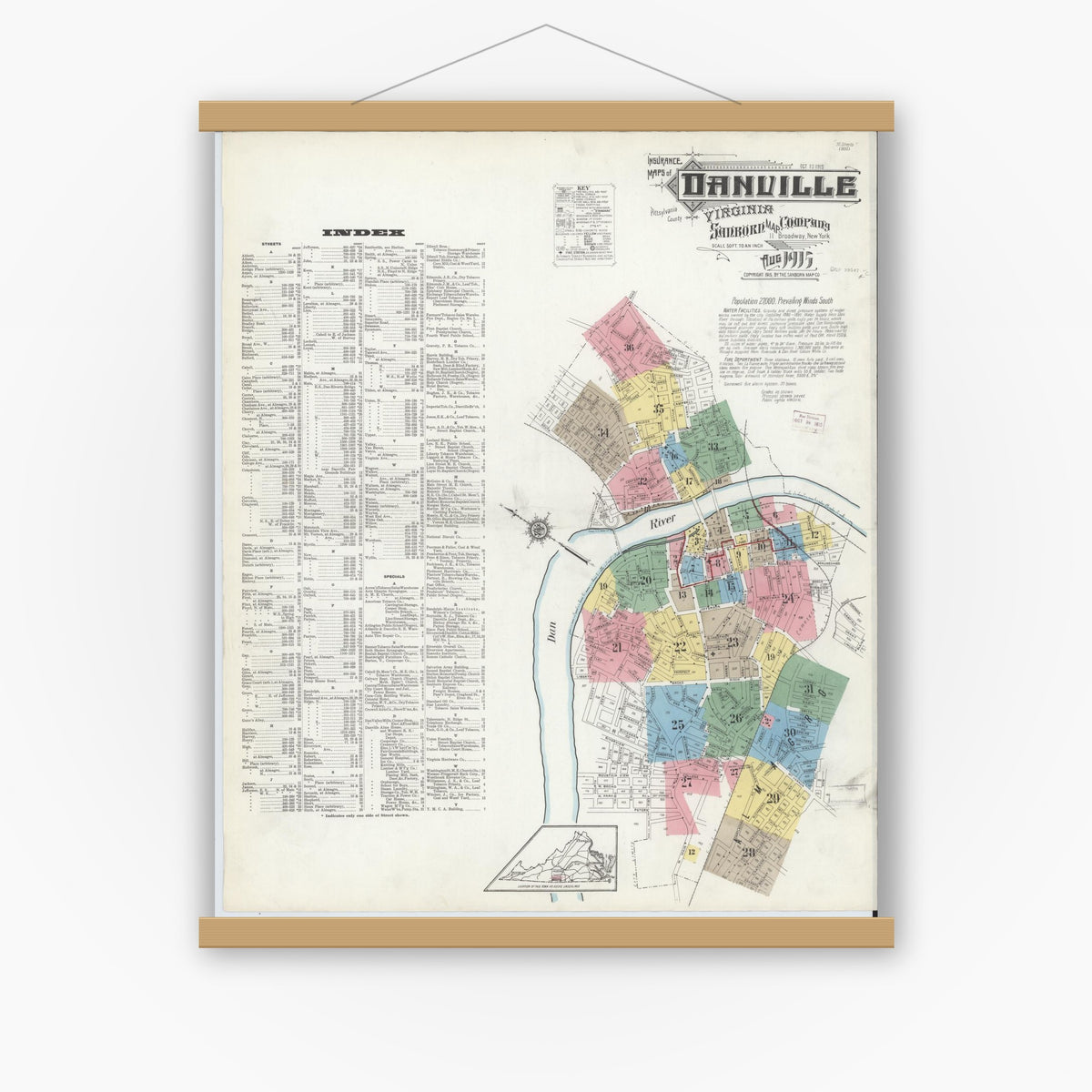 Old map wall art mockup — magnetic wood frame on white wall — Sanborn Fire Insurance Map from Danville, Independent Cities, Virginia (1915) - Complete Map Set
