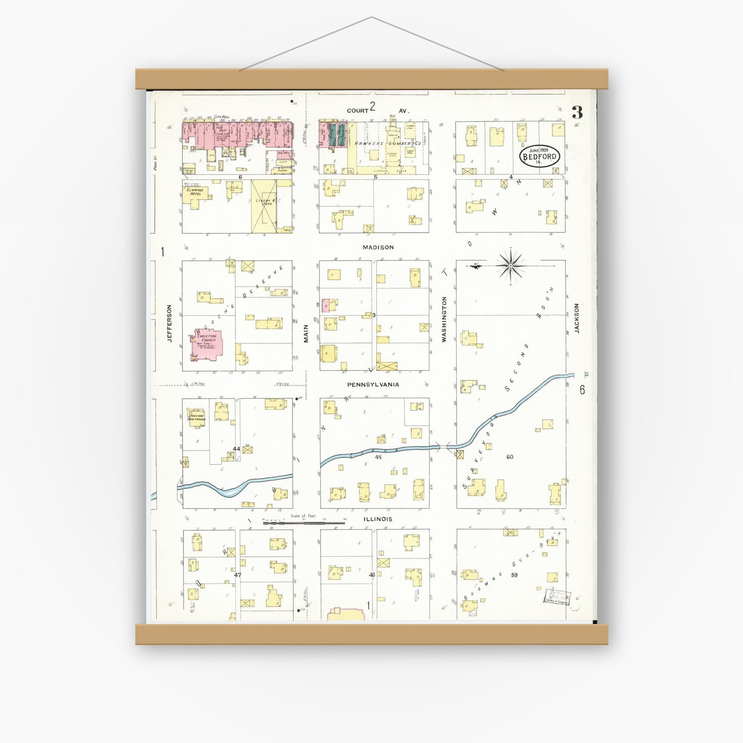 Old map wall art mockup — magnetic wood frame on white wall — Sanborn Fire Insurance Map from Bedford, Taylor County, Iowa (1909), Sheet #0003