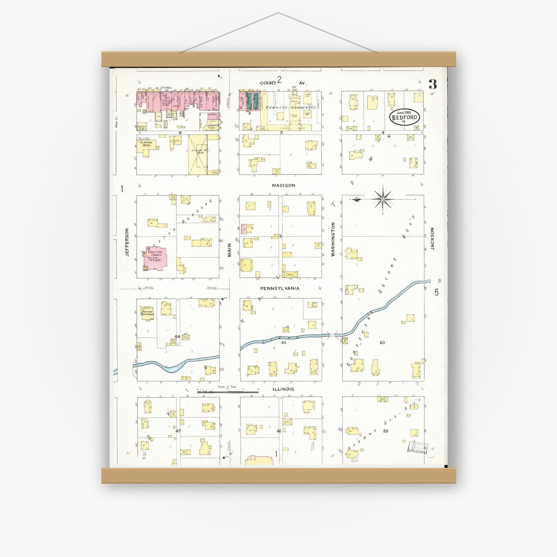 Old map wall art mockup — magnetic wood frame on white wall — Sanborn Fire Insurance Map from Bedford, Taylor County, Iowa (1909), Sheet #0003
