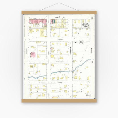 Old map wall art mockup — magnetic wood frame on white wall — Sanborn Fire Insurance Map from Bedford, Taylor County, Iowa (1909), Sheet #0003
