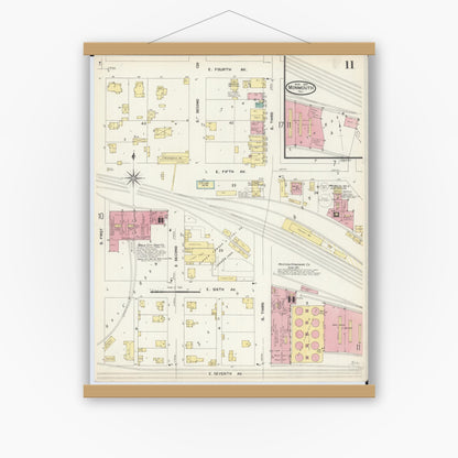 Old map wall art mockup — magnetic wood frame on white wall — Sanborn Fire Insurance Map from Monmouth, Warren County, Illinois (1907), Sheet #0011