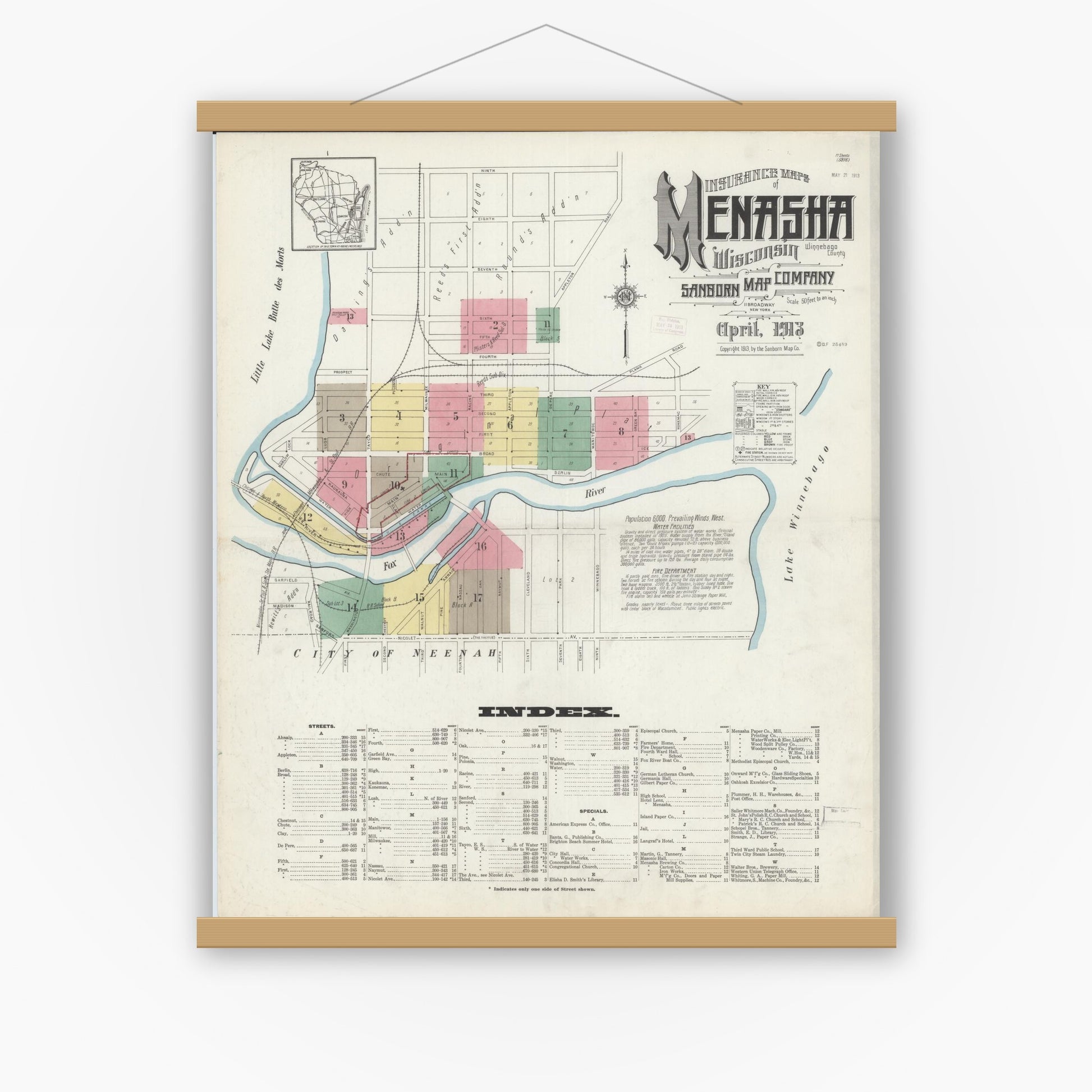 Old map wall art mockup — magnetic wood frame on white wall — Sanborn Fire Insurance Map from Menasha, Winnebago County, Wisconsin (1913), Sheet #0001