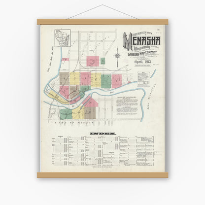Old map wall art mockup — magnetic wood frame on white wall — Sanborn Fire Insurance Map from Menasha, Winnebago County, Wisconsin (1913), Sheet #0001