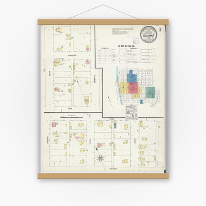 Old map wall art mockup — magnetic wood frame on white wall — Sanborn Fire Insurance Map from Oquawka, Henderson County, Illinois (1907), Sheet #0001