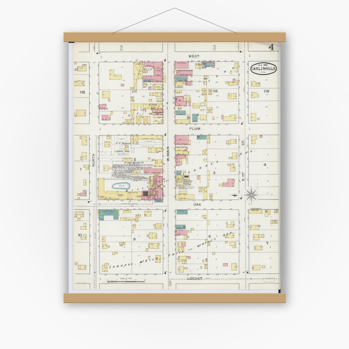 Old map wall art mockup — magnetic wood frame on white wall — Sanborn Fire Insurance Map from Carlinville, Macoupin County, Illinois (1893), Sheet #0004