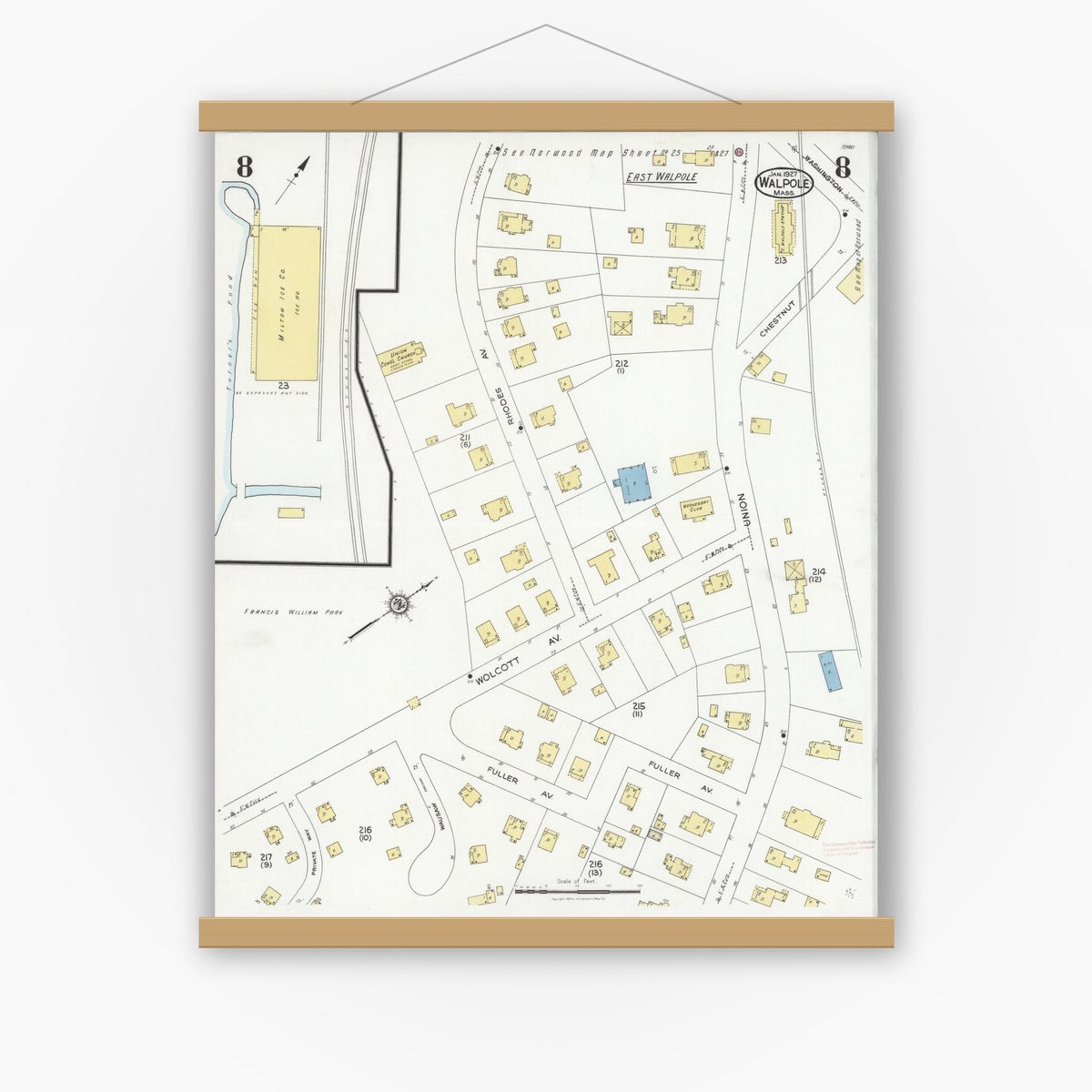 Old map wall art mockup — magnetic wood frame on white wall — Sanborn Fire Insurance Map from Walpole, Norfolk County, Massachusetts (1927), Sheet #0008