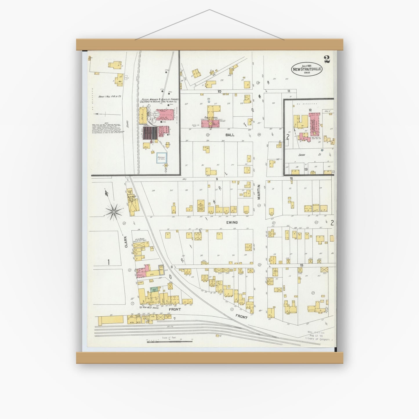 Old map wall art mockup — magnetic wood frame on white wall — Sanborn Fire Insurance Map from New Straitsville, Perry County, Ohio (1901), Sheet #0002