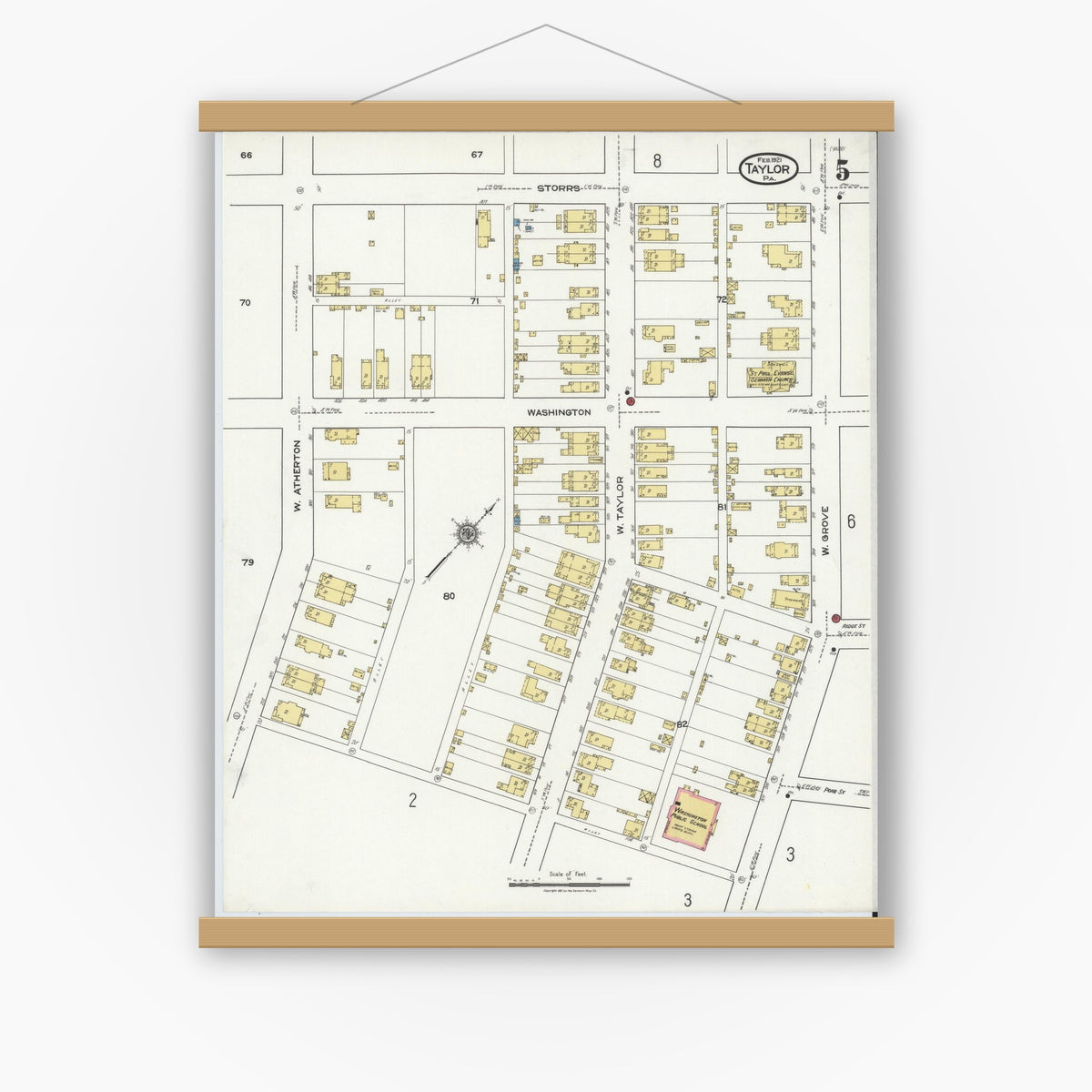 Old map wall art mockup — magnetic wood frame on white wall — Sanborn Fire Insurance Map from Taylor, Lackawanna County, Pennsylvania (1921), Sheet #0005