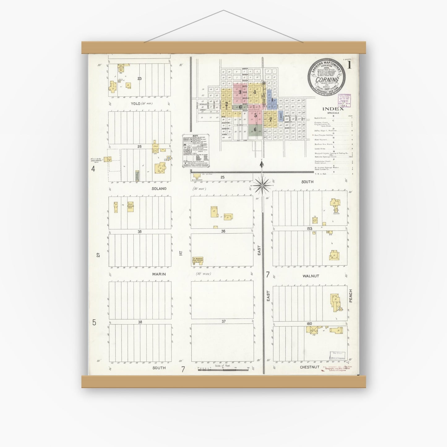 Old map wall art mockup — magnetic wood frame on white wall — Sanborn Fire Insurance Map from Corning, Tehama County, California (1907), Sheet #0001