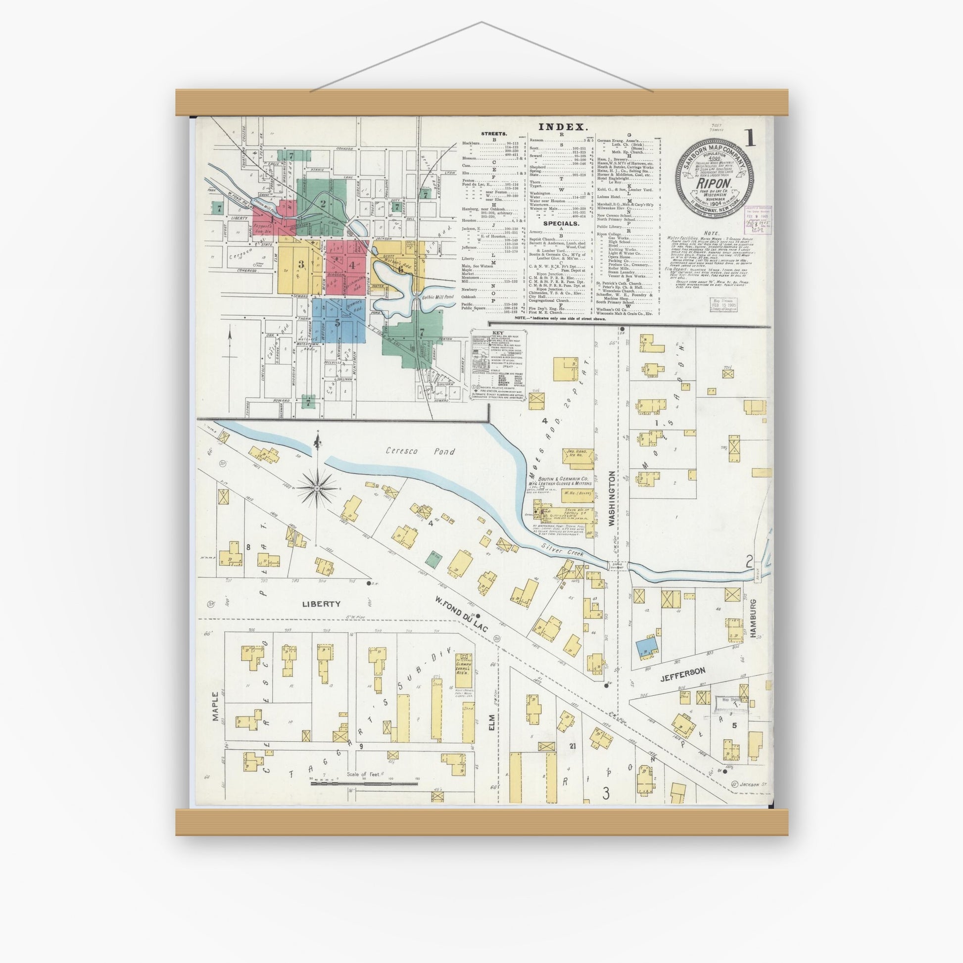 Old map wall art mockup — magnetic wood frame on white wall — Sanborn Fire Insurance Map from Ripon, Fond du Lac County, Wisconsin (1904) - Complete Map Set