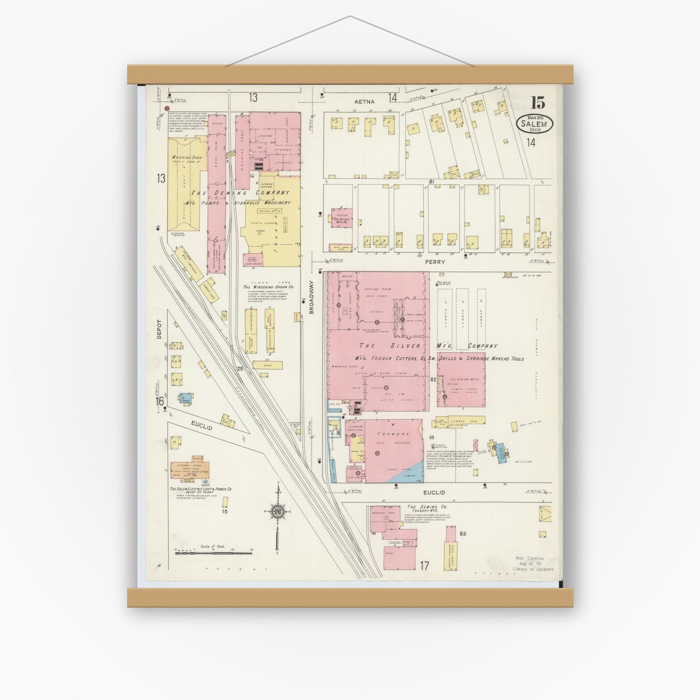 Old map wall art mockup — magnetic wood frame on white wall — Sanborn Fire Insurance Map from Salem, Columbiana County, Ohio (1915), Sheet #0015