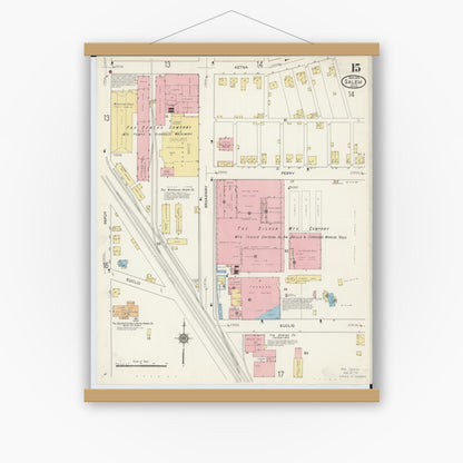 Old map wall art mockup — magnetic wood frame on white wall — Sanborn Fire Insurance Map from Salem, Columbiana County, Ohio (1915), Sheet #0015