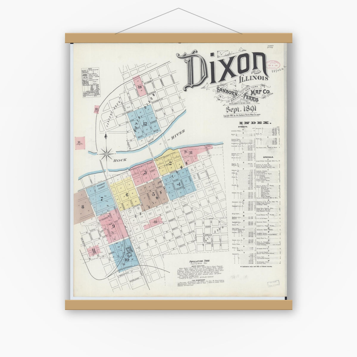 Old map wall art mockup — magnetic wood frame on white wall — Sanborn Fire Insurance Map from Dixon, Lee County, Illinois (1891), Sheet #0001