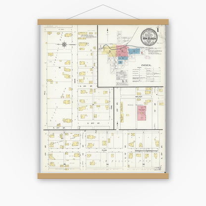 Old map wall art mockup — magnetic wood frame on white wall — Sanborn Fire Insurance Map from Van Buren, Grant County, Indiana (1911) - Complete Map Set
