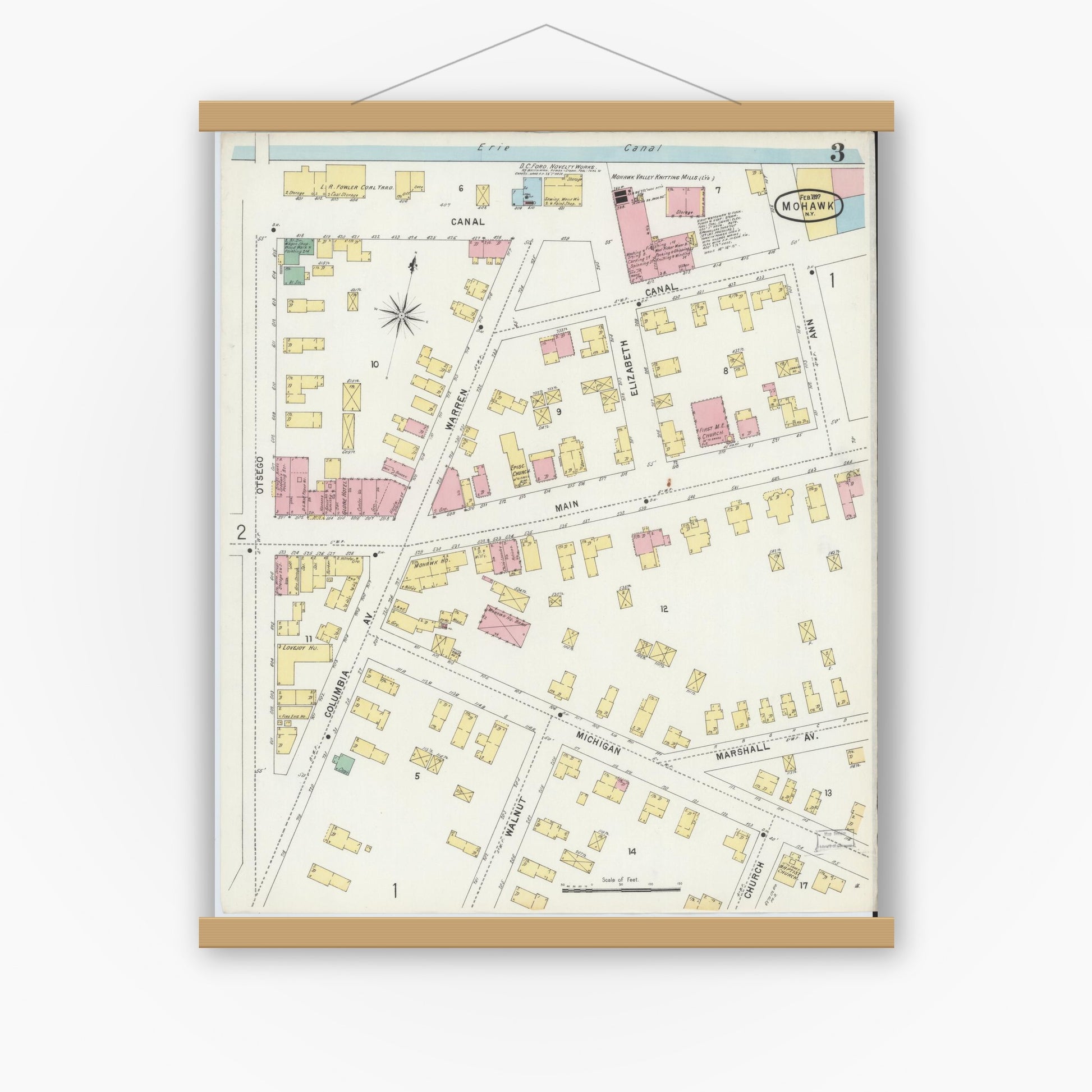 Old map wall art mockup — magnetic wood frame on white wall — Sanborn Fire Insurance Map from Mohawk, Herkimer County, New York (1897), Sheet #0003