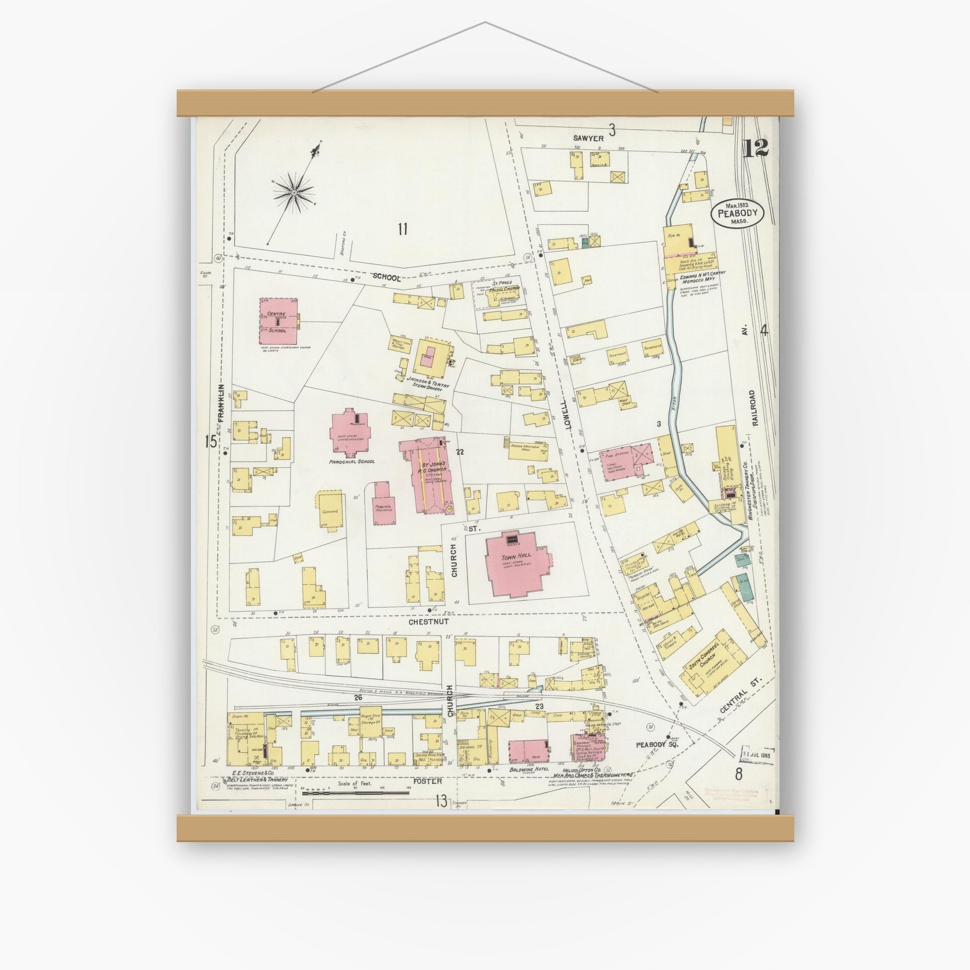 Old map wall art mockup — magnetic wood frame on white wall — Sanborn Fire Insurance Map from Peabody, Essex County, Massachusetts (1903), Sheet #0012